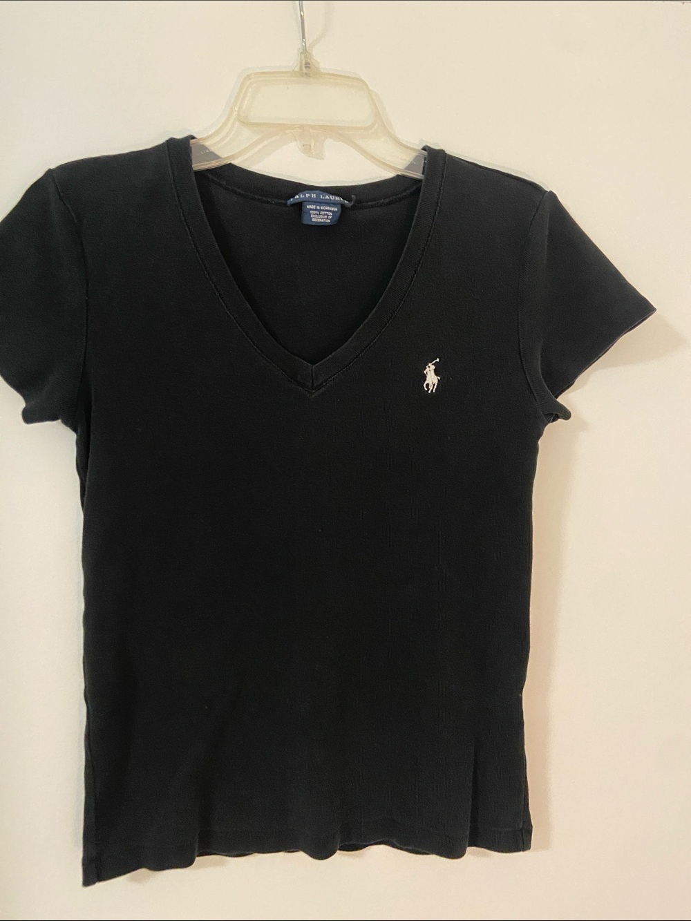 Vintage Ralph Lauren Black V‑Neck Short Sleeve Logo Tee